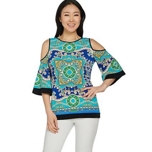 Susan Graver Size Small Liquid Knit Blue Green Yellow Printed Cold Shoulder Top - Picture 1 of 10